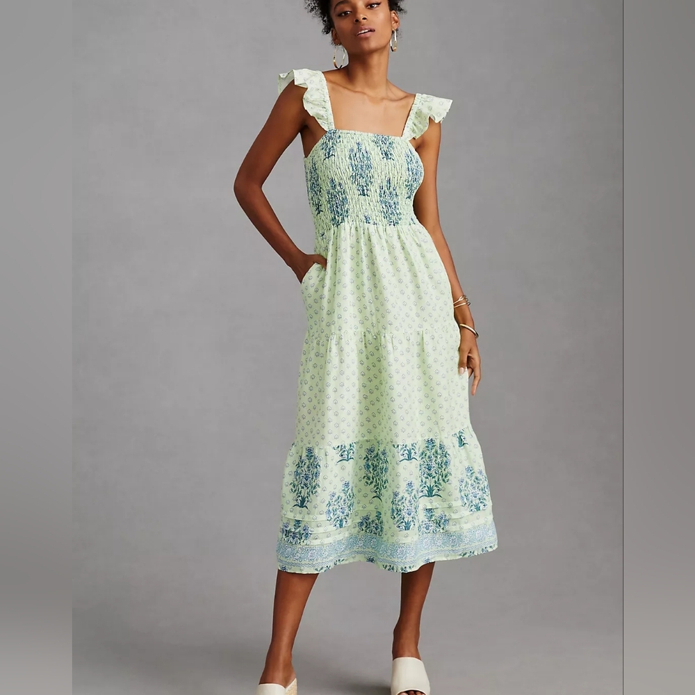 Anthropologie Roller Rabbit Yarrow Roe Dress Green Floral Smocked Linen Cotton